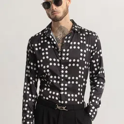 Snitch Charcoal Grey & White Polka Dot Printed Straight Slim Fit Casual Shirt-image-11