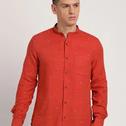 Turtle Men Micro Ditsy Printed Band Collar Relaxed Slim Fit Casual Shirts-image-92