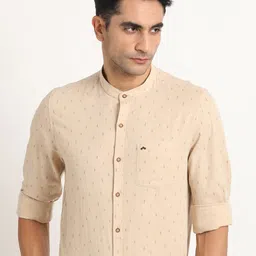 Turtle Relaxed Slim Fit Micro Ditsy Printed Mandarin Collar Cotton Linen Casual Shirt-image-4