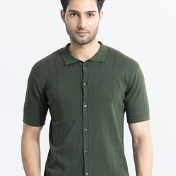 Snitch Olive Green Textured Self Design Classic Slim Fit Cotton Opaque Casual Shirt-image-81