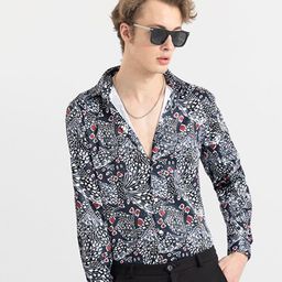 Snitch Black & White Classic Slim Fit Opaque Printed Cotton Casual Shirt-image-88