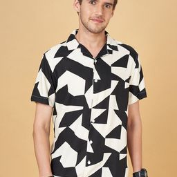 People Black Geometric Printed Cuban Collar Casual Shirt-image-33