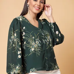 plusS Green Floral Printed V-Neck Puff Sleeve Shirt Style Top-picture-30