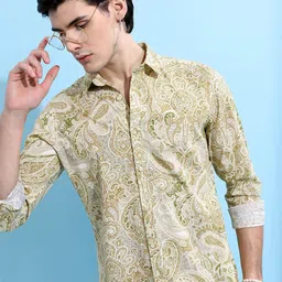 HIGHLANDER Men Yellow Slim Fit Ethnic Opaque Printed Cotton Casual Shirt-picture-16