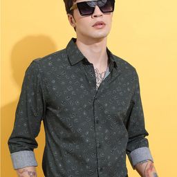 HIGHLANDER Green Slim Fit Floral Printed Casual Cotton Shirt-image-5
