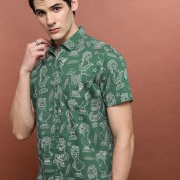 HIGHLANDER Green Slim Fit Conversational Printed Spread Collar Pocket Casual Shirt-image-37