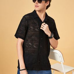 People Black Relaxed Fit Geometric Self Design Cuban Collar Casual Shirt-image-40