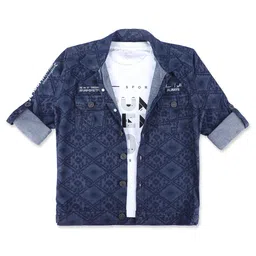 CAVIO Boys Standard Floral Printed Denim Spread Collar Casual Shirt With Tshirt-image-25