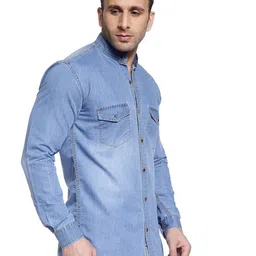 Hangup Faded Mandarin Collar Denim Slim Fit Casual Shirt-picture-45