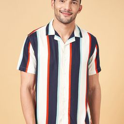People Navy Blue Slim Fit Striped Spread Collar Casual Shirt-image-22