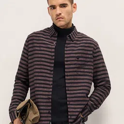 THE BEAR HOUSE Men Slim Fit Button-Down Collar Horizontal Striped Casual Shirt-image-97
