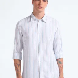 Flying Machine Slim Fit Vertical Striped Spread Collar Oxford Pure Cotton Casual Shirt-image-26