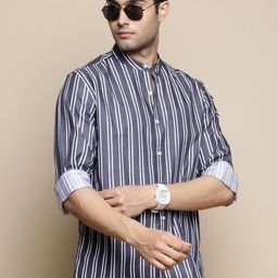 INVICTUS Sport Slim Fit Striped Band Collar Twill Weave Cotton Shirt-image-84