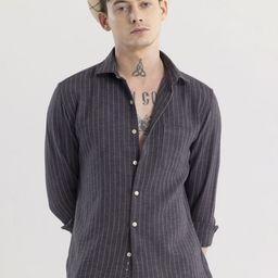 Snitch Classic Charcoal Slim Fit Striped Cotton Casual Shirt-picture-27