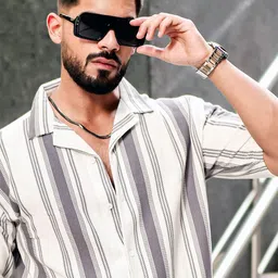 Maniac Comfort Vertical Striped Cuban Collar Drop-Shoulder Sleeves Oversized Casual Shirt-image-80