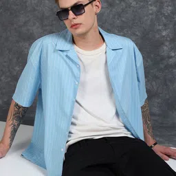 StitchX Men Boxy Fit Half Sleeve Hairline Stripe Cuban Collar Shirt-image-81