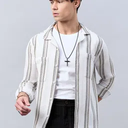 Style Quotient Off White Classic Opaque Striped Casual Shirt-image-43