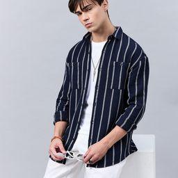 Style Quotient Navy Blue Relaxed Opaque Striped Casual Shirt-image-0