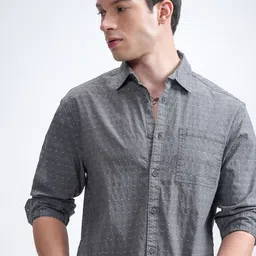 HIGHLANDER Men Cutaway Collar Micro Ditsy Printed Cotton Relaxed Fit Casual Shirt-image-44