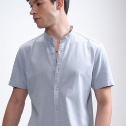 HIGHLANDER Men Band Collar Solid Cotton Casual Shirt-image-52
