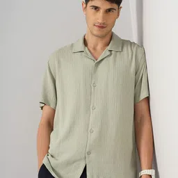 Celio Classic Geometric Self Design Spread Collar Short Sleeves Casual Shirt-image-2