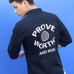 KETCH Navy Blue Slim Fit Typography Printed Cotton Casual Shirt-image-40