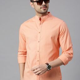 HERE&NOW Classic Mandarin Collar Slim Fit Opaque Pure Cotton Casual Shirt-image-16