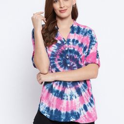 Ruhaans Women Pink & Blue Printed Tie & Dye Casual Shirt-image-4