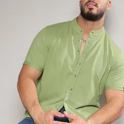 Instafab Plus Size Classic Band Collar Short Sleeves Cotton Casual Shirt-image-57