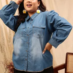 CURVY STREET Plus Size Cotton Comfort Opaque Denim Shirt-image-54