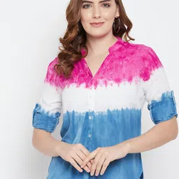 Ruhaans Women Pink & White Rayon Tie & Dye Shirt-image-35