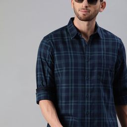 Roadster Men Navy Blue Checked Pure Cotton Sustainable Casual Shirt-image-34