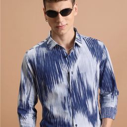 HIGHLANDER Navy Blue Abstract Printed Slim Fit Cotton Casual Shirt-image-33