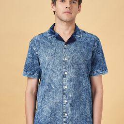 People Blue Faded Cuban Collar Cotton Slim Fit Casual Shirt-image-46