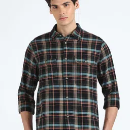 Flying Machine Tartan Checked Spread Collar Twill weave Pure Cotton Casual Shirt-image-19