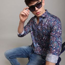 Snitch Blue & White Floral Printed Cotton Shirt-image-100