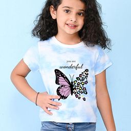 NUSYL Girls Butterfly Printed Round Neck Short Sleeves T-shirt-picture-1