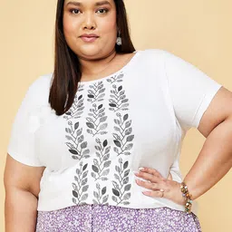 max Plus Size Floral Printed Round Neck Pure Cotton T-shirt-70