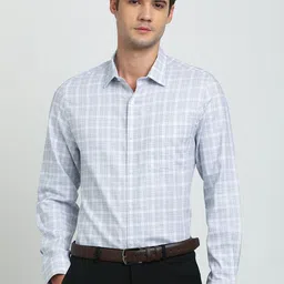 Turtle Men Checked Spread Collar Cotton Classic Slim Fit Formal Shirt-image-83