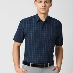 Peter England Men Navy Blue Opaque Checked Formal Shirt-image-72