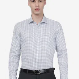 JADE BLUE Checked Spread Collar Formal Pure Cotton Shirt-image-10