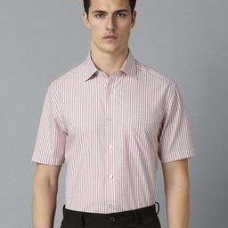 Louis Philippe Spread Collar Short Sleeves Cotton Striped Formal Shirt-image-65