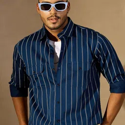 DENNISON Vertical Stripes Spread Collar Oversized Cotton Smart Casual Shirt-image-93