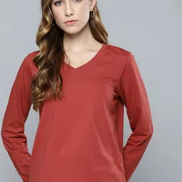 Chemistry Women Rust Red Solid V-Neck T-shirt-image-55