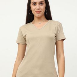 Fleximaa Women Beige V-Neck T-shirt-image-29