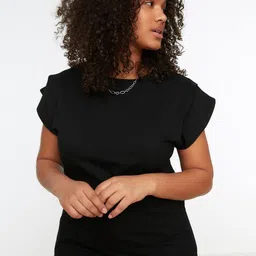 Trendyol Women Black Pure Cotton Solid Extended Sleeves T-shirt-picture-13