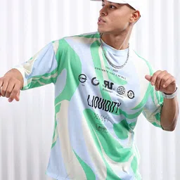 The Indian Garage Co Blue Typography Printed Drop Shoulder Sleeves Oversized T-shirt-image-78