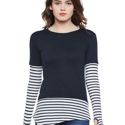 Hypernation Women Striped Monochrome Cut Outs T-shirt-70