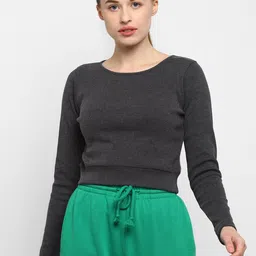 OFF LIMITS Women Charcoal Grey Solid Boat Neck T-shirt-99