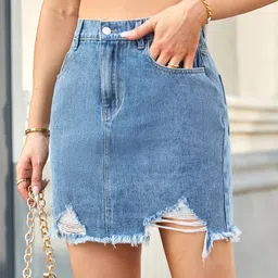StyleCast x Revolte Frayed Denim Straight Pencil Mini Skirt-image-2